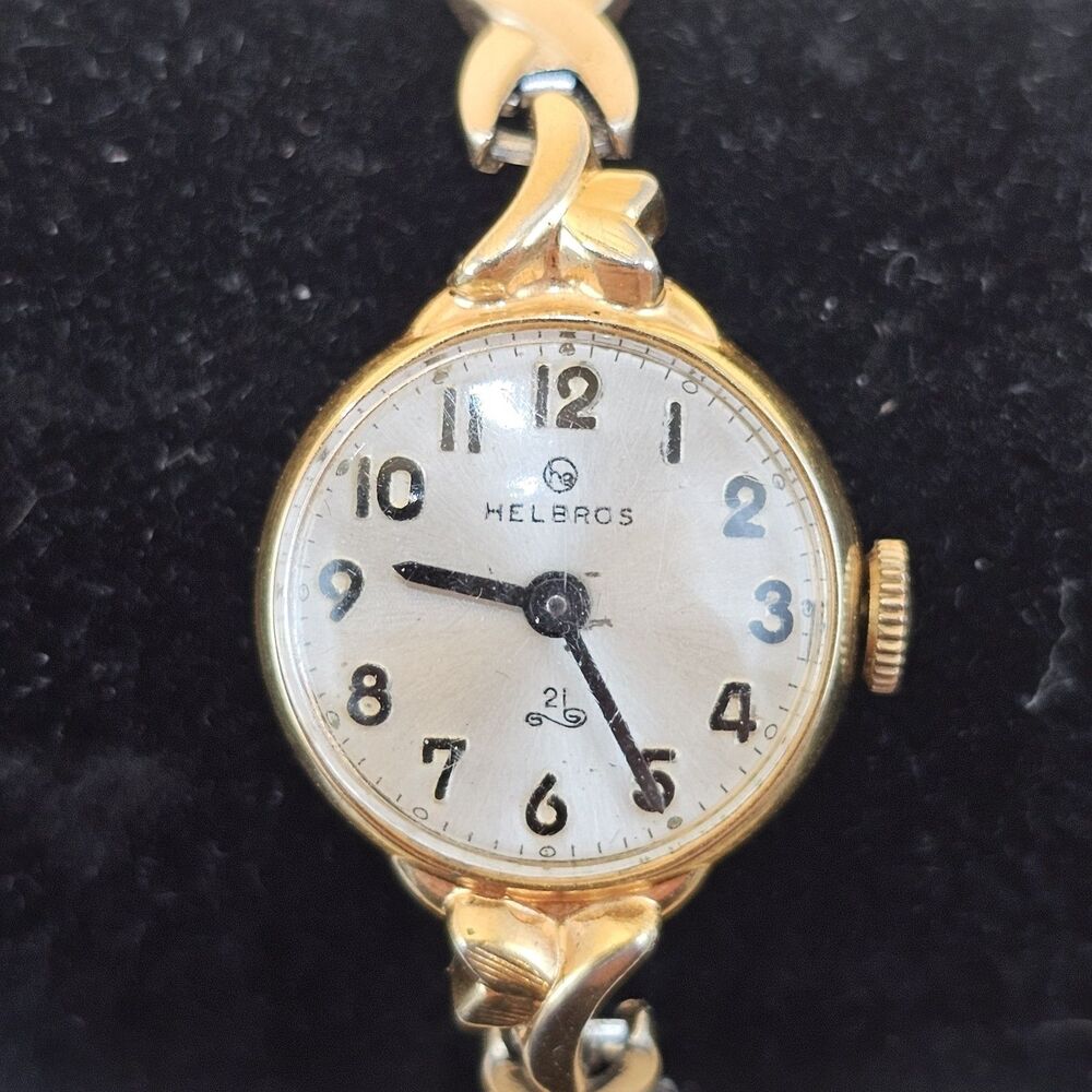 Helbros 21 Jewel Gold Tone Vtg Ladies Watch On 1/30 10k RGP Stretch Band Runs